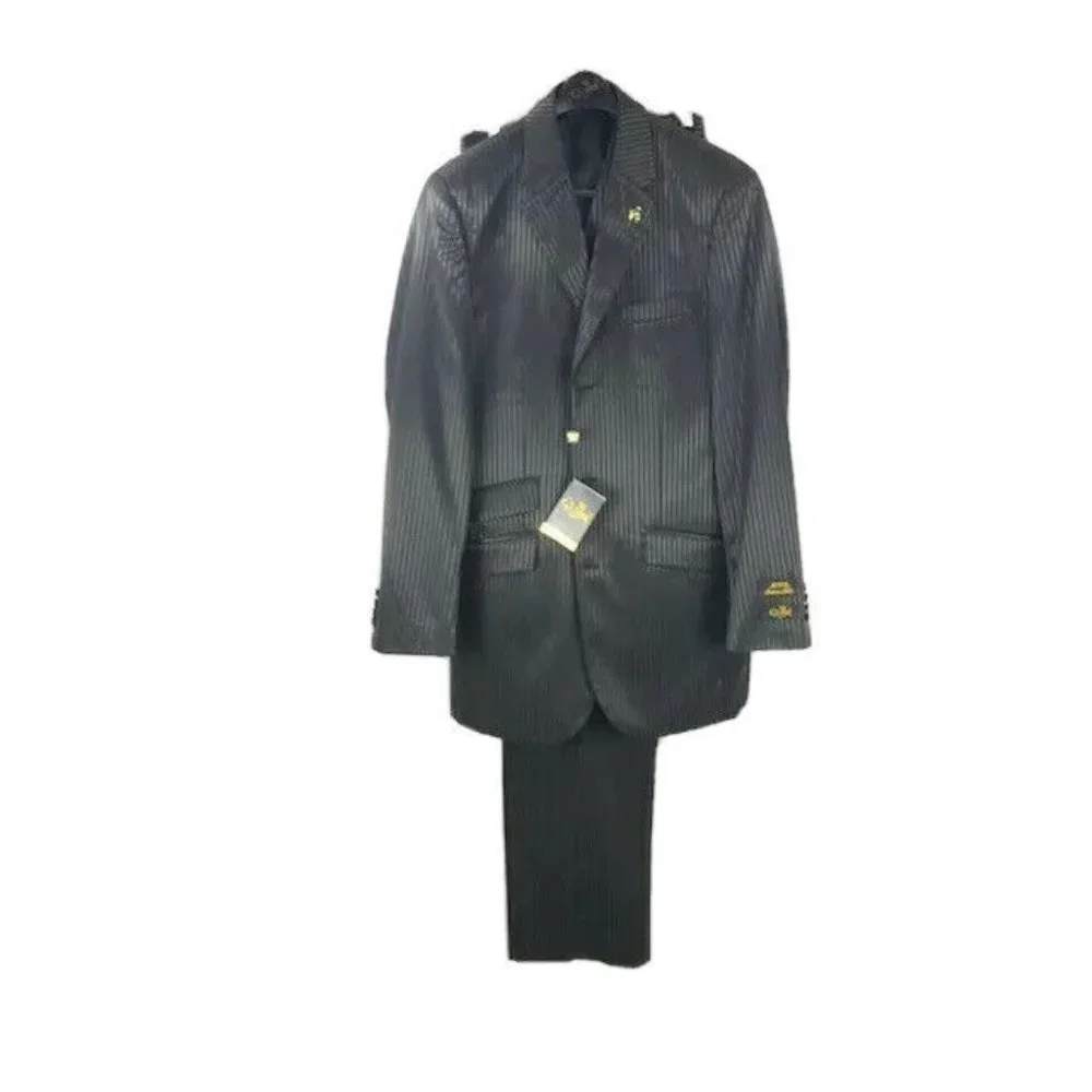 E.J. Samuel Men's Black Suit 3 Piece Pleated Pant Pinstripe Size 38L W32